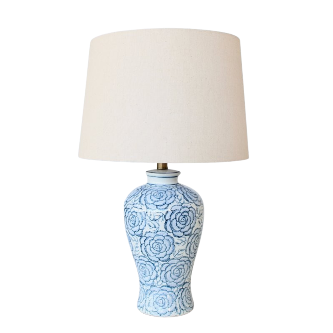 Lamp - Blue and White Floral with off White Shade