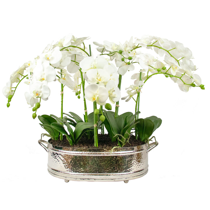 Faux White Phalaenopsis Orchid in Silver Oblong planter 58cm (H)