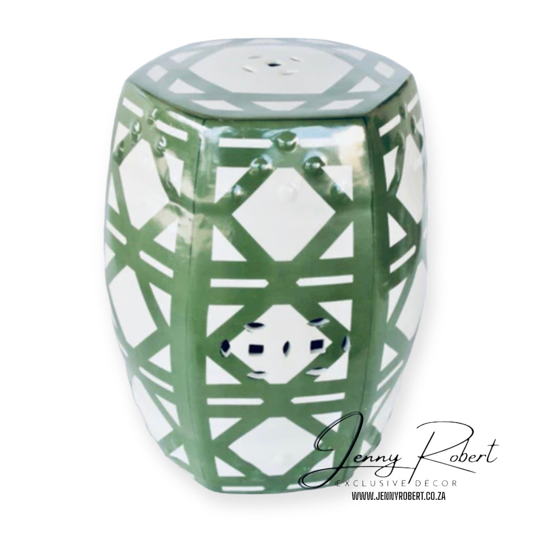 Stool Ceramic Green and White Patterned