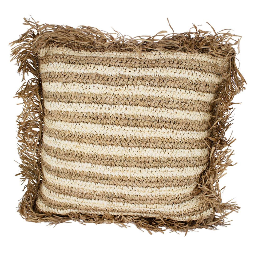 Scatter Cushion Raffia Fringed in Stripped Natural with Inner