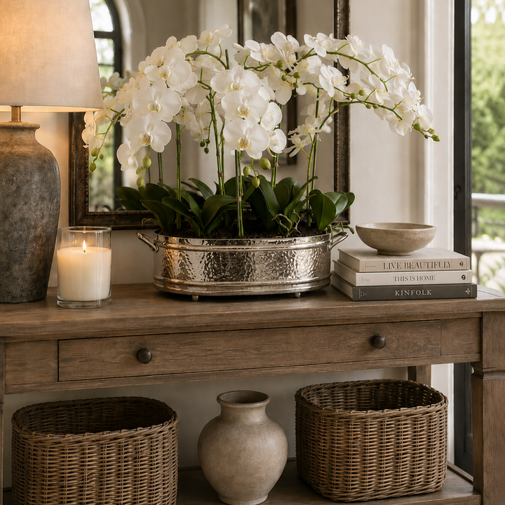 Faux White Phalaenopsis Orchid in Silver Oblong planter 58cm (H)