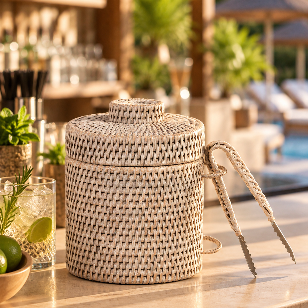 Rattan Ice Bucket with Tongs