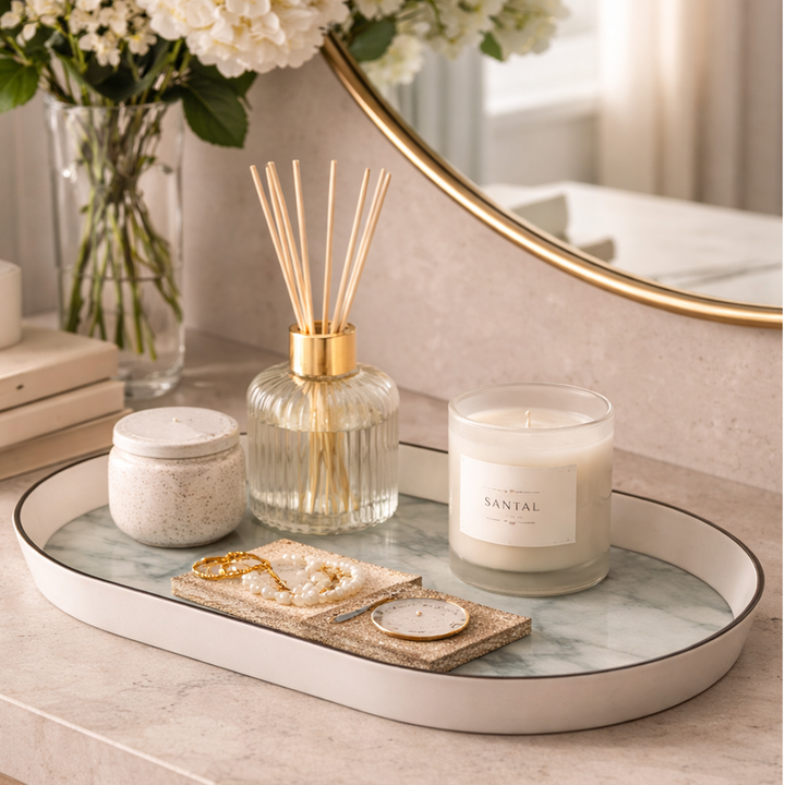 Tray - Glass Oval White Marble