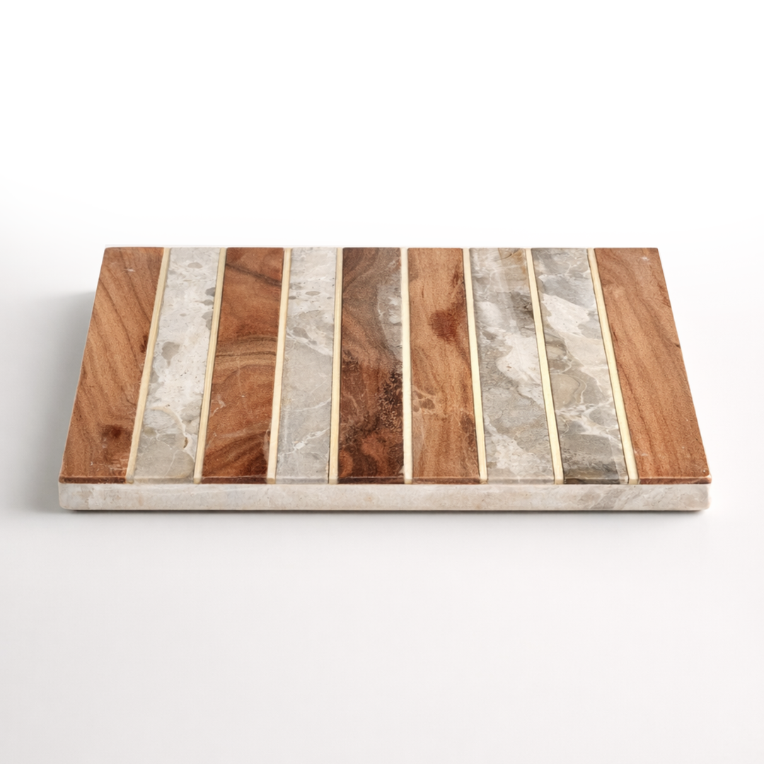 Wood, Brass and Beige Marble Striped Board On Feet - 42cm