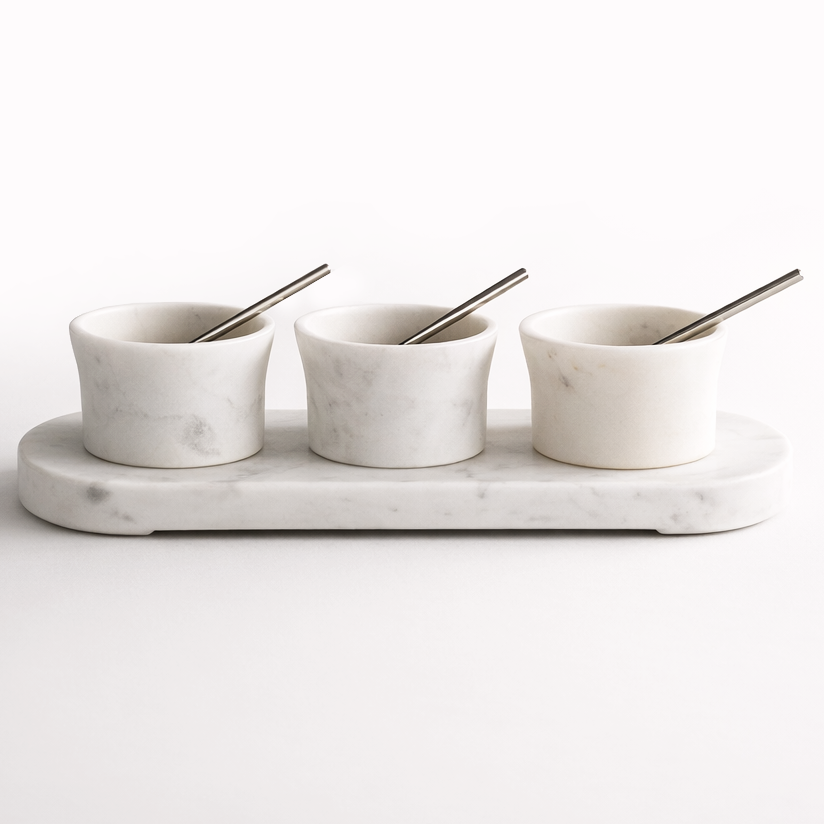 White Marble Condiment Bowls on Tray Set of 3