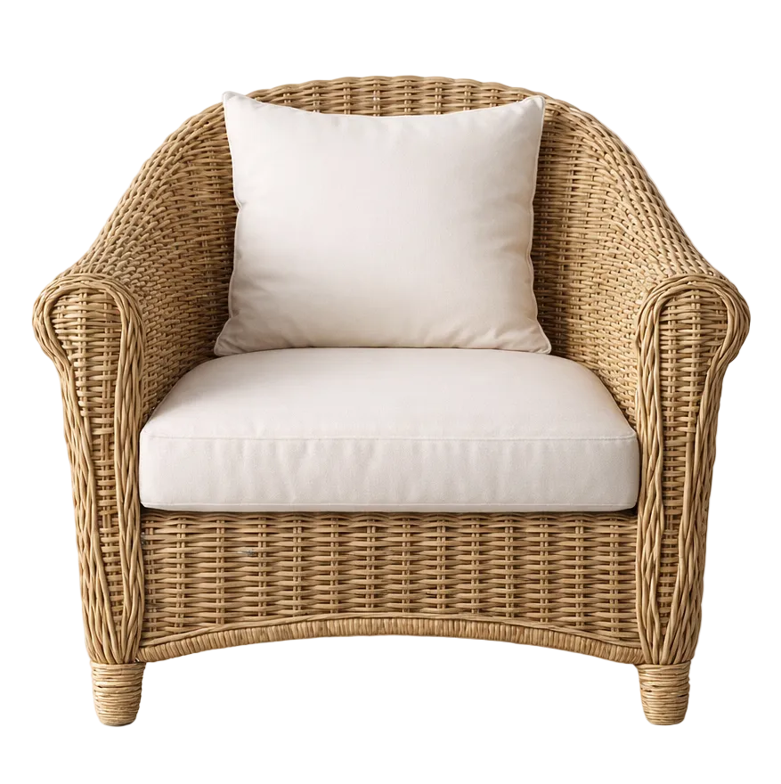 A natural woven rattan armchair with curved arms and legs, featuring a cream-colored seat cushion and a matching square back pillow, set against a seamless light gray studio background.