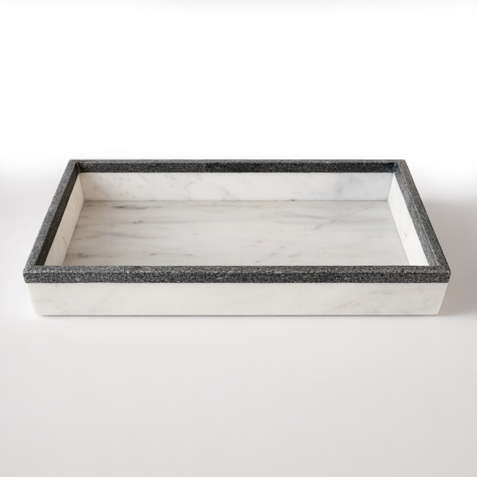 White Marble Tray with Grey Edge - 35cm