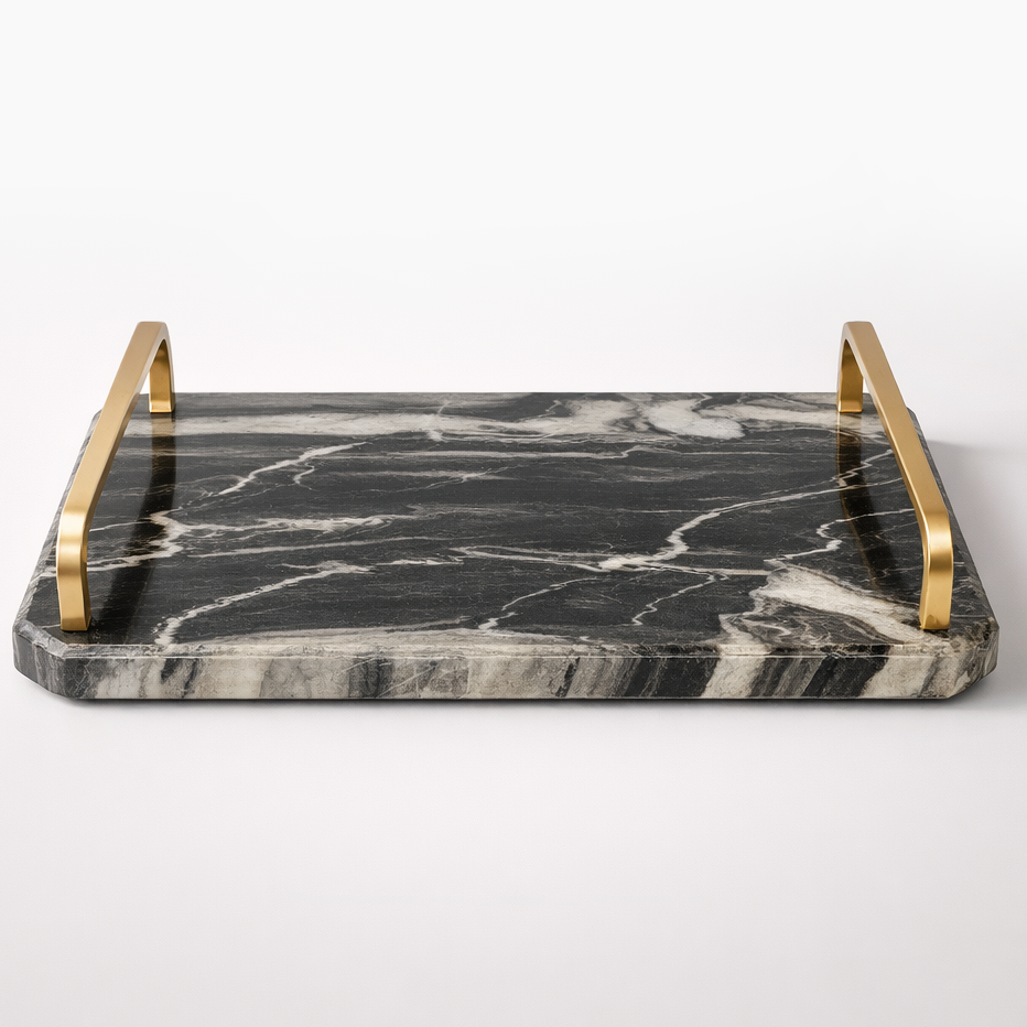 Black Marble Tray With Brass Handles - 36cm