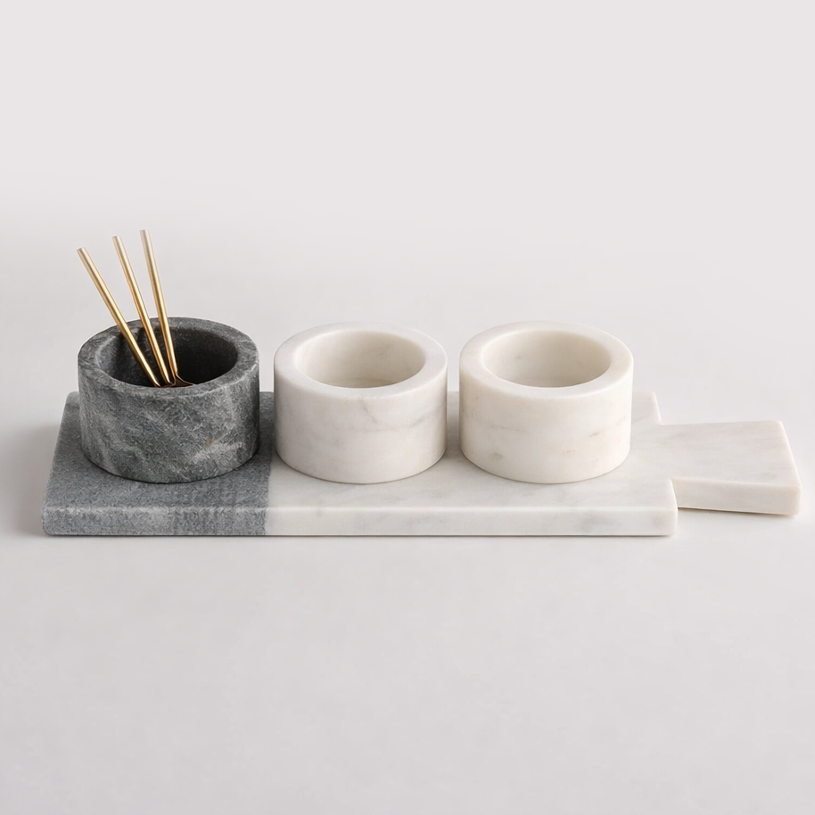 Grey and White Marble base with 3 Pinch Pots and Spoons