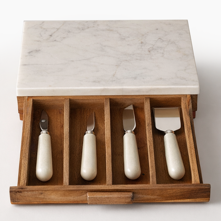 Marble and Wood Cheese Knife Box and Board Set