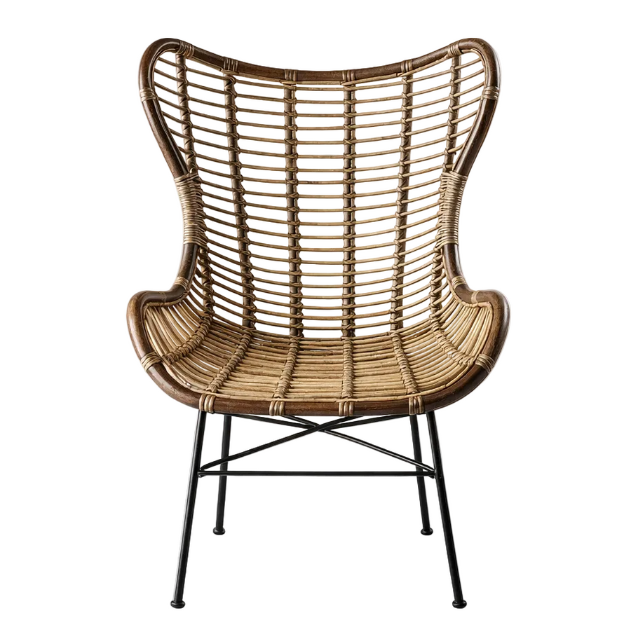 A mid-century modern wingback chair with a woven rattan back and seat, supported by a black metal frame, shown against a plain white studio background.