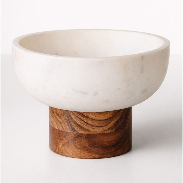 White Marble Bowl on Wooden Base - 20cm