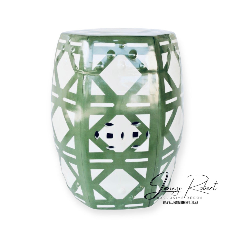 Stool Ceramic Green and White Patterned
