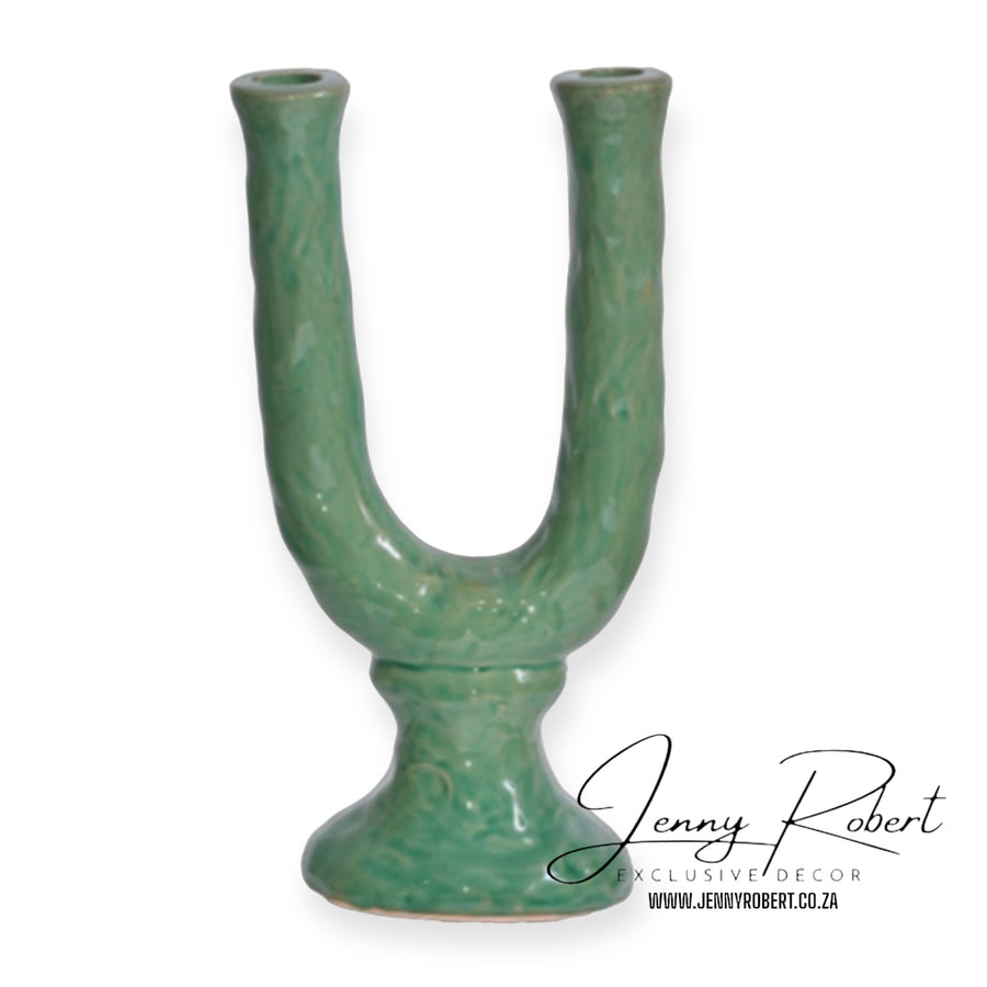 Ceramic Two Arm Emerald Green Candle Holder