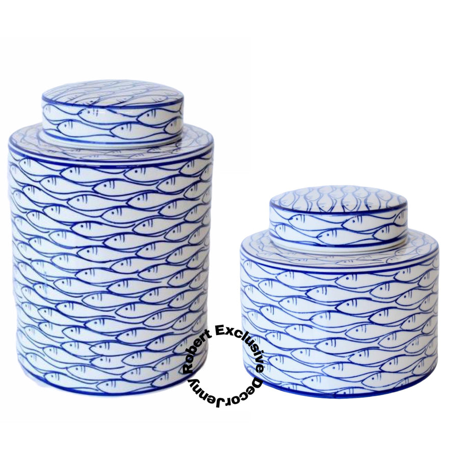 Jar Ceramic Round School of Fish Blue