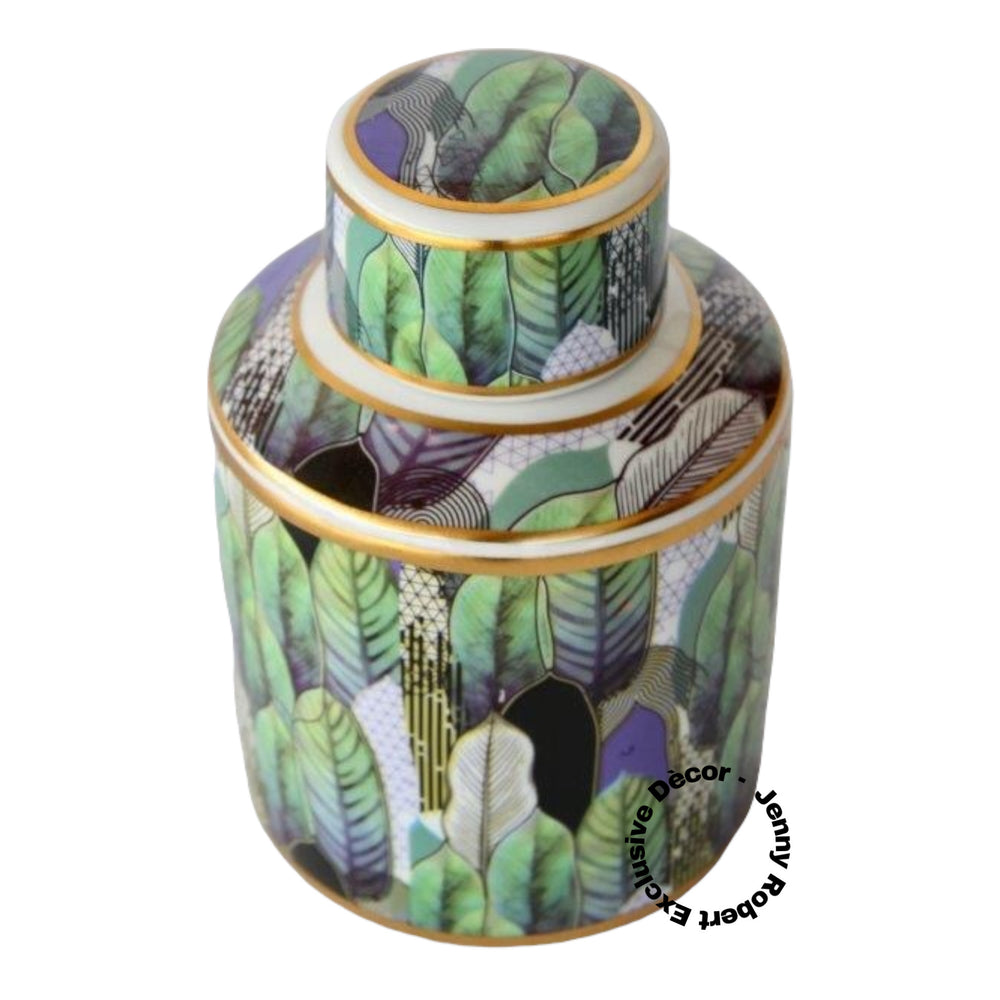 Jar with Lid Indigo Green Leaf Gold Rim