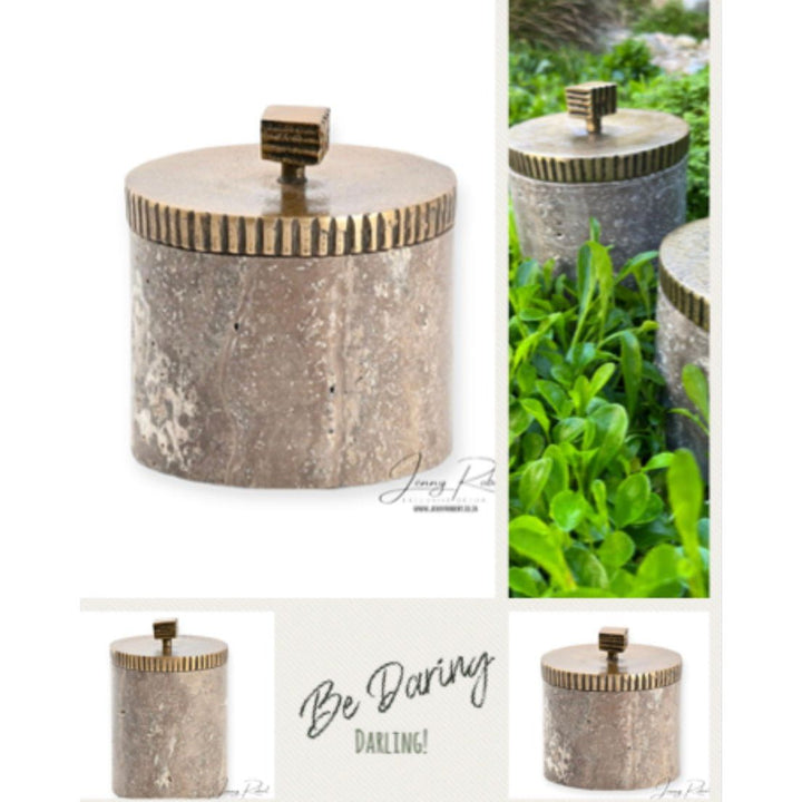 Travertine Vanity Jar with Etched Brass Lid (SALE)