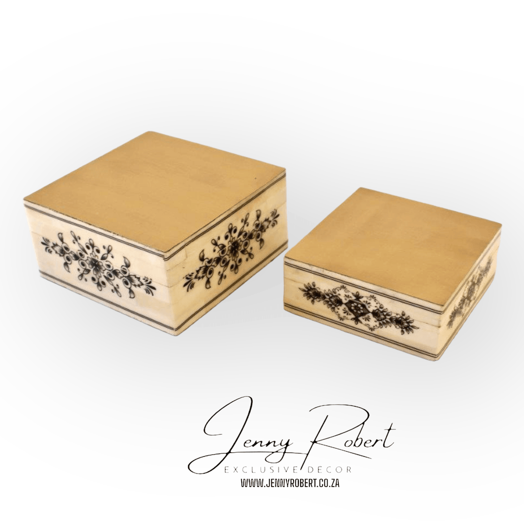 S/2 Boxes Bone Brass Lid with Black Etching