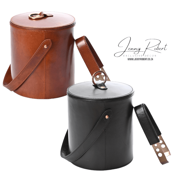 Ice Bucket with Tongs Stitched Leather