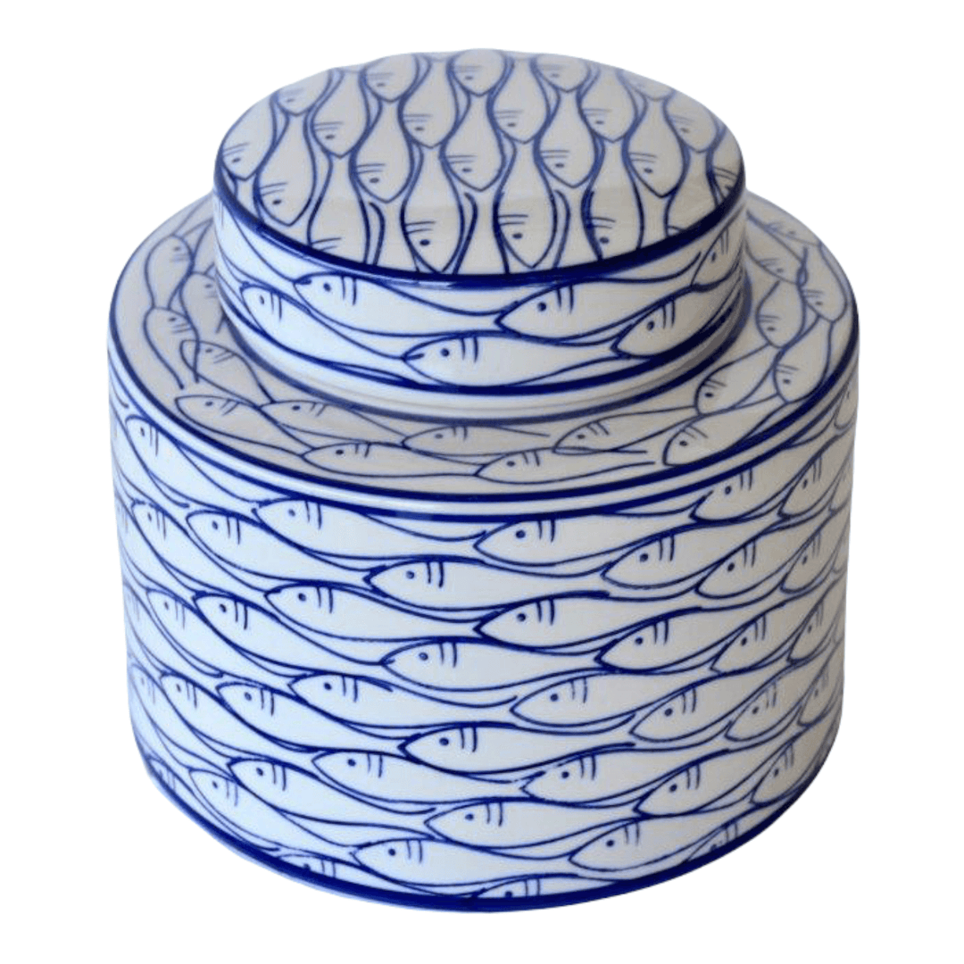Jar Ceramic Round School of Fish Blue