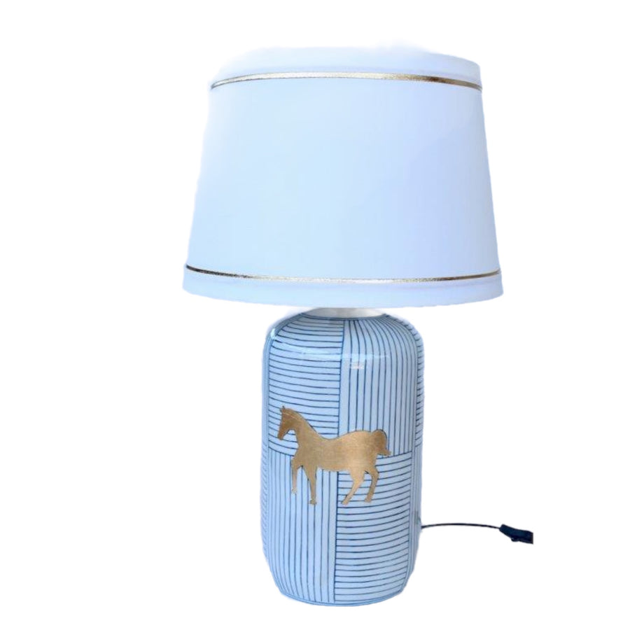Lamp Blue &amp; White Stripe Equestrian Gold with Shade (69cm)