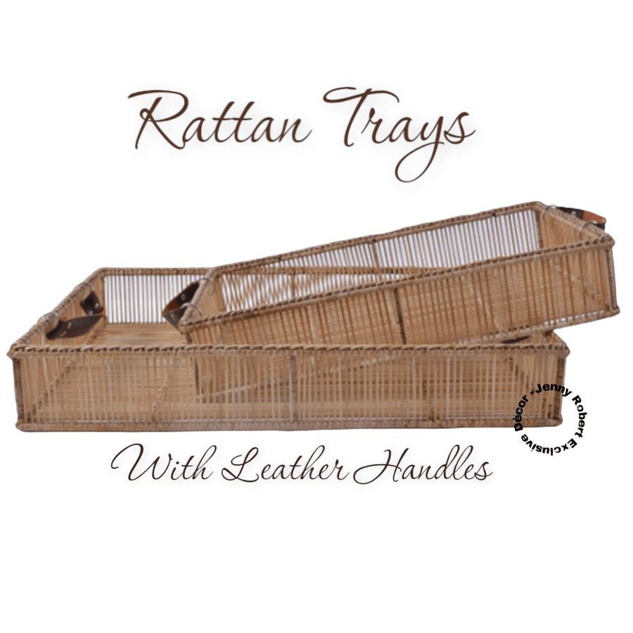 Tray Rectangular Rattan with Leather Handles S/2