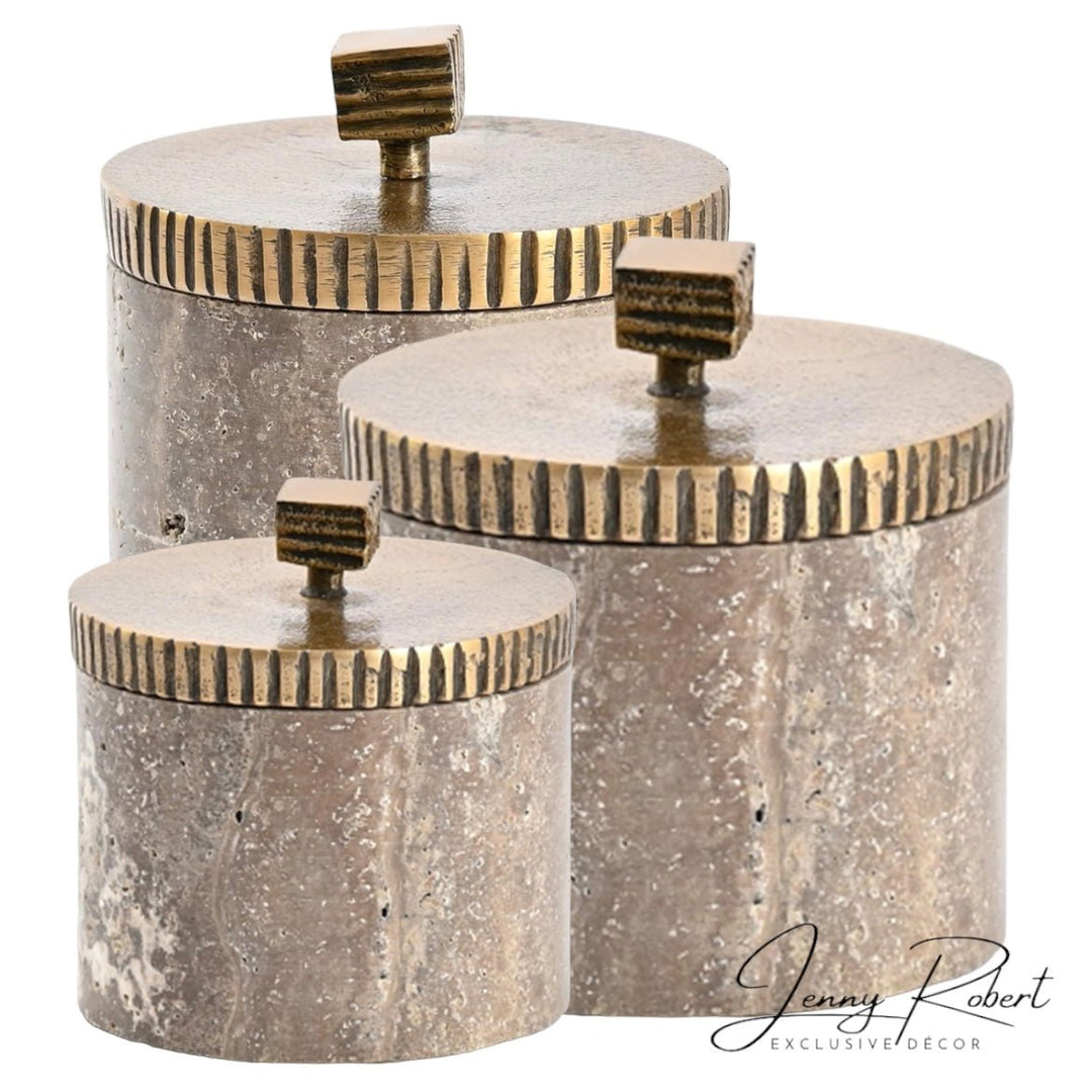 Travertine Vanity Jar with Etched Brass Lid (SALE)