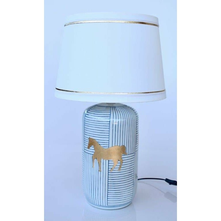 Lamp Blue &amp; White Stripe Equestrian Gold with Shade (69cm)