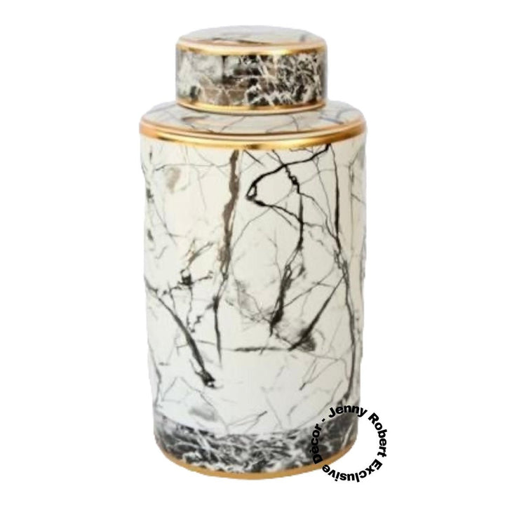 Jar with Lid Marble Black, White and Gold Rim (38cmH)