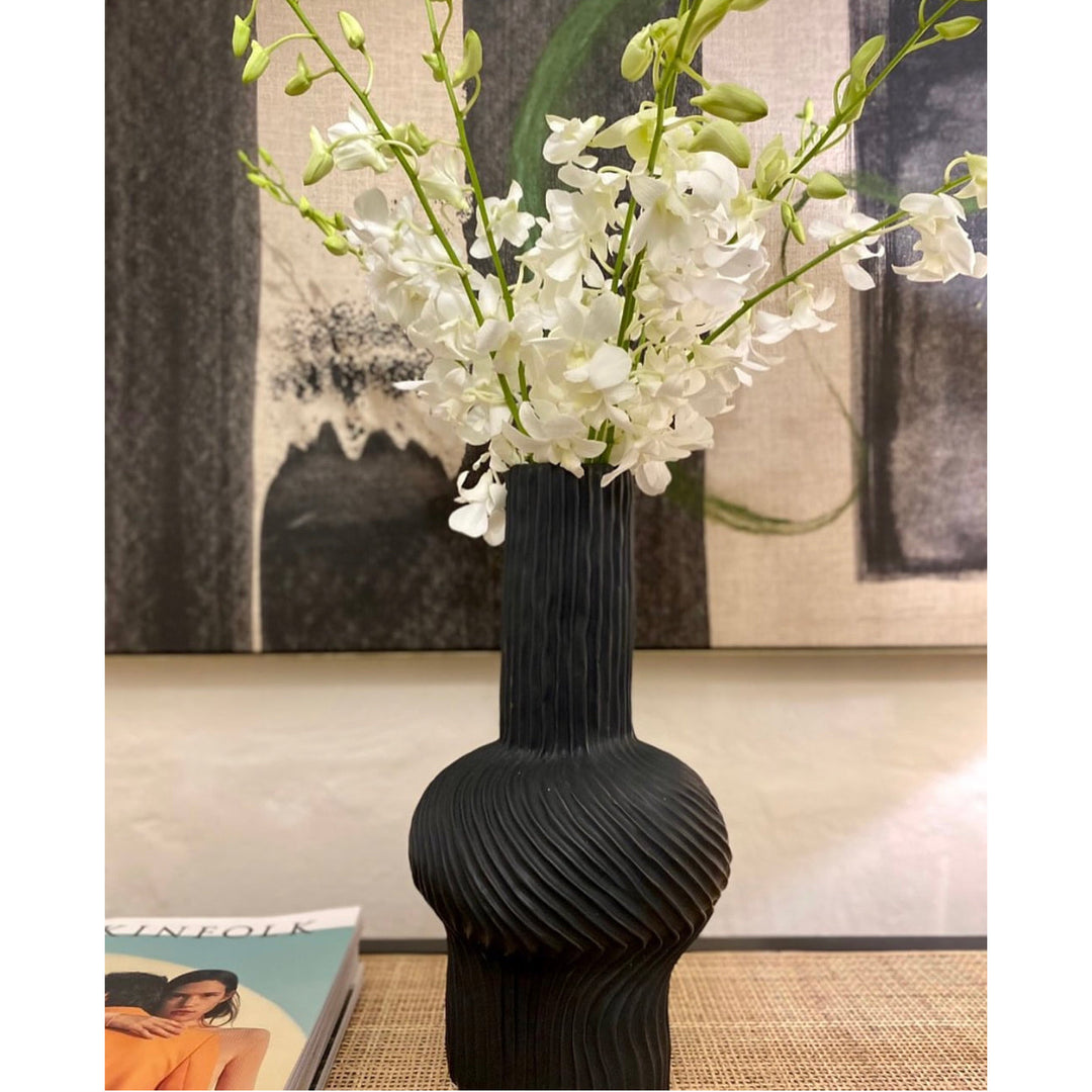 Vase Contemporary Ceramic Ribbed Black