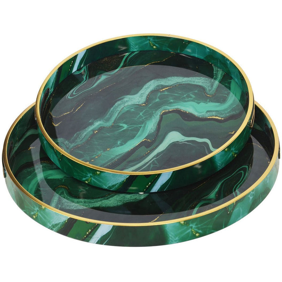 Glass Tray Agate Emerald Green and Gold S/2