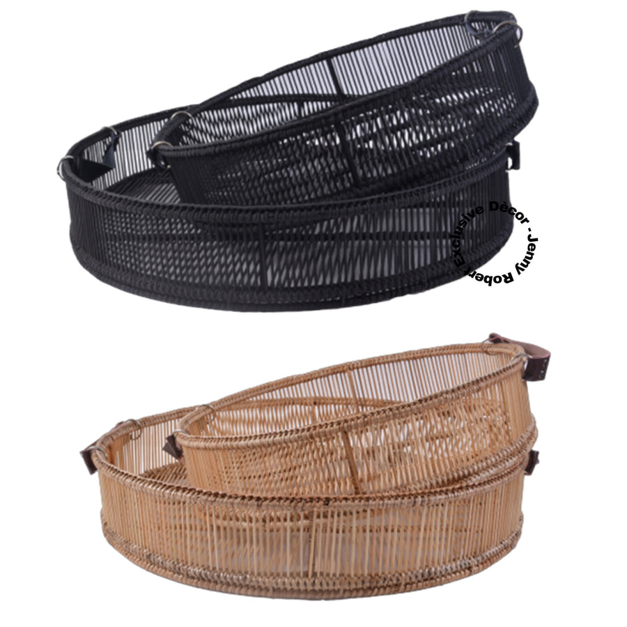 Tray Rattan Round with Leather Handles LRG S/2