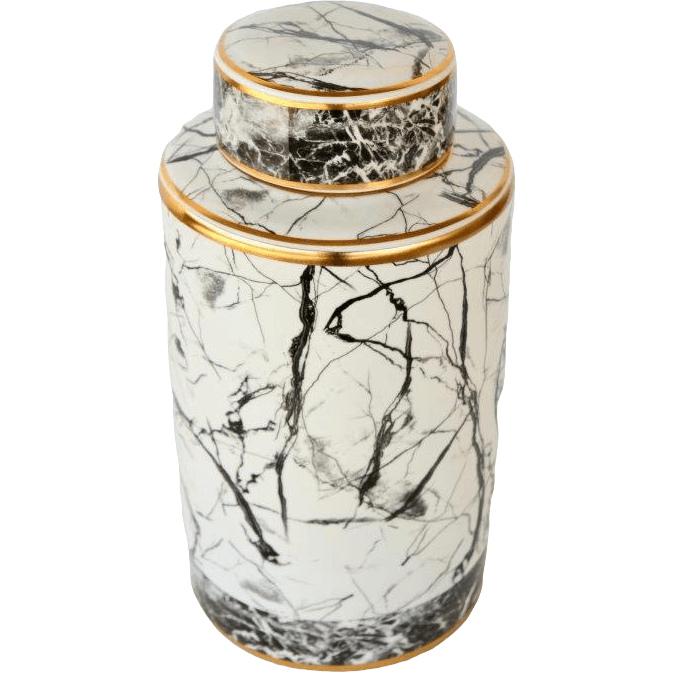 Jar with Lid Marble Black, White and Gold Rim (38cmH)