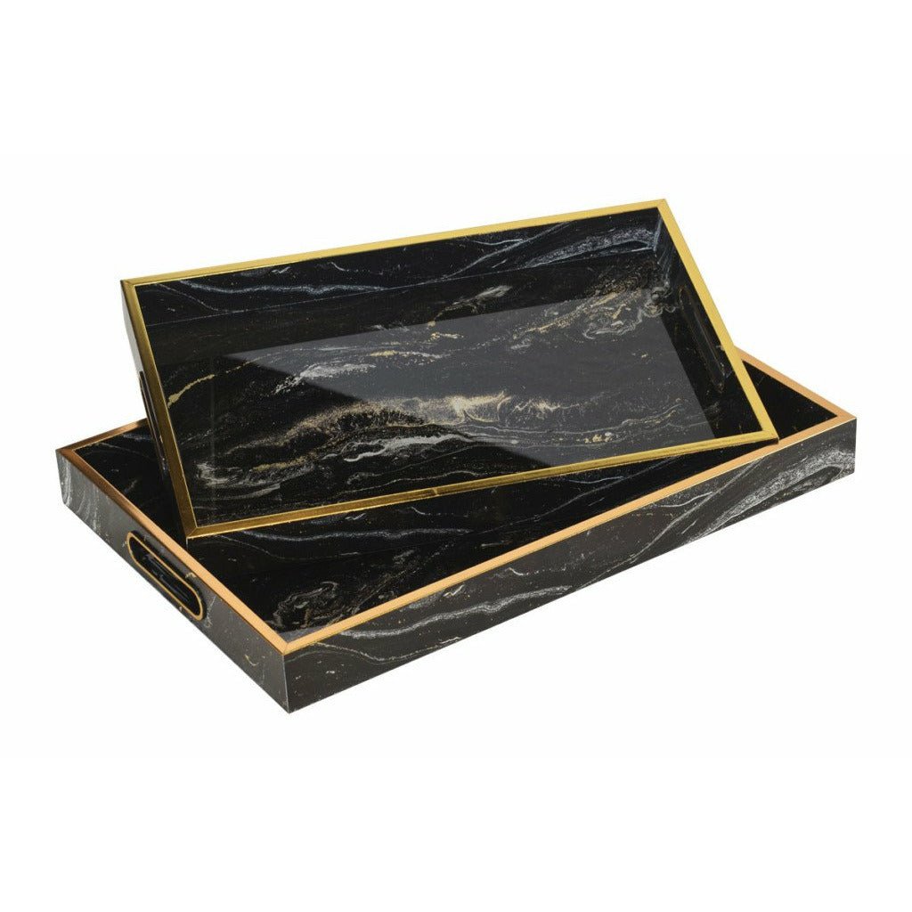 Glass Tray Rectangular Black Marble S/2